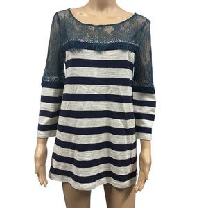 Anthropologie Navy and White Striped Tunic with Lace Detail